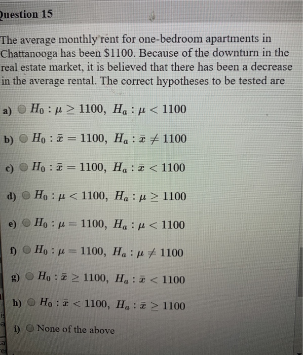 Solved Question 15 The average monthly rent for onebedroom