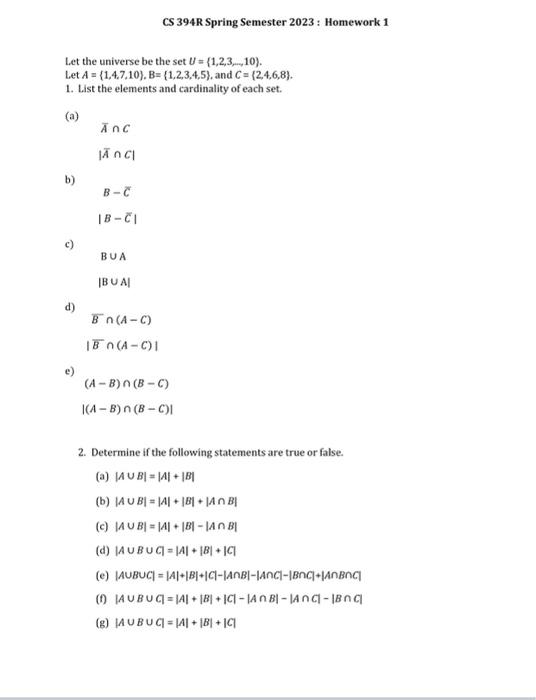 Solved Let The Universe Be The Set U={1,2,3,…,10}. Let | Chegg.com