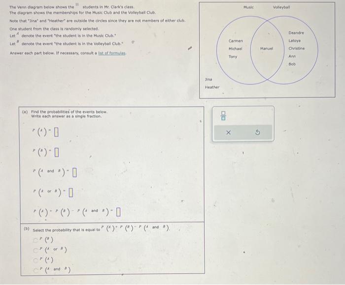 The Venn dagram below shows the I students in Mr, Clarks class. The dagram shews the memberihips for the Music Club and the