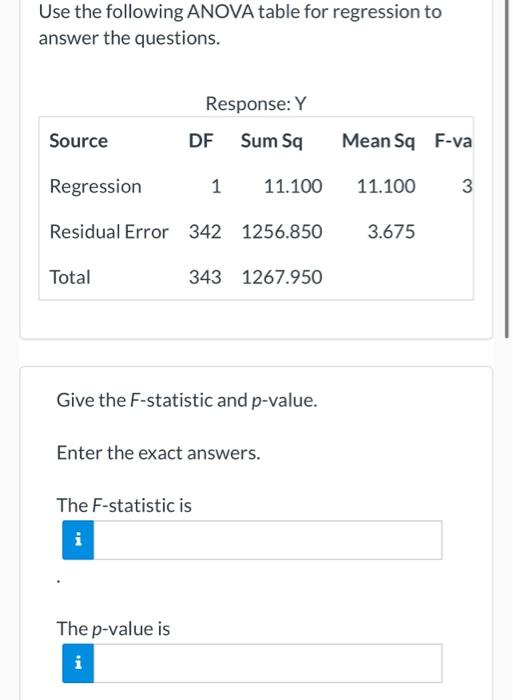 Solved Use the following ANOVA table for regression to | Chegg.com