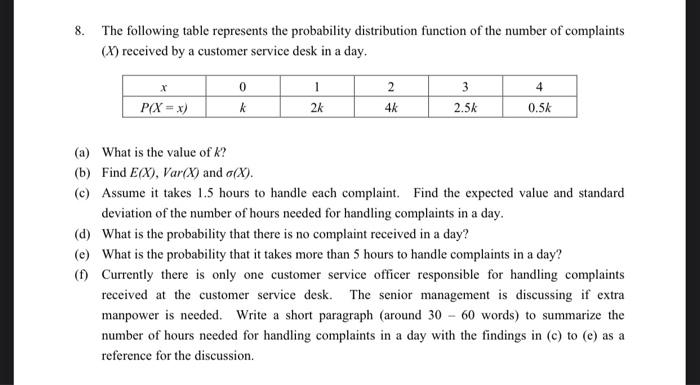 Solved 8. The following table represents the probability | Chegg.com