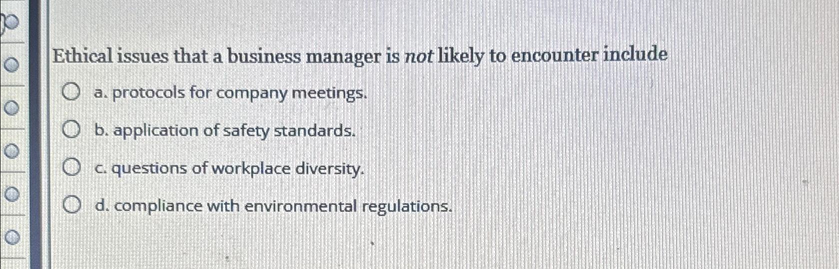 Solved Ethical issues that a business manager is not likely | Chegg.com