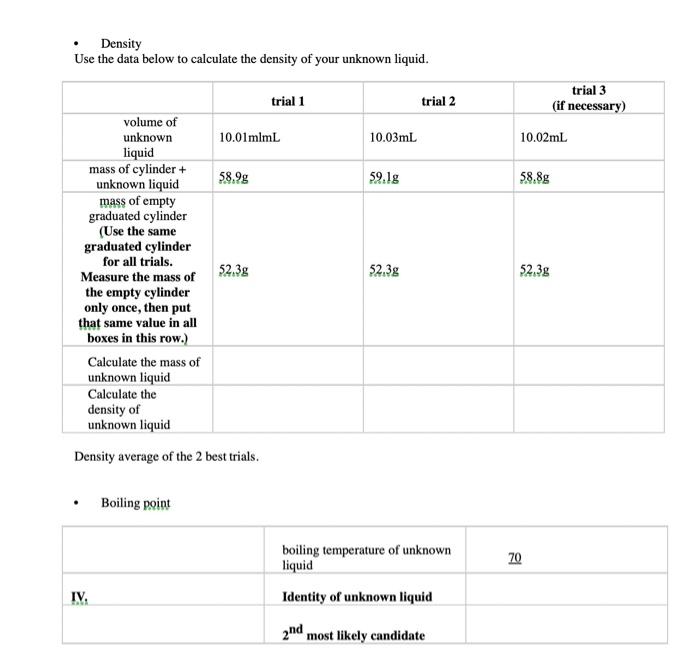 Solved Density Use the data below to calculate the density | Chegg.com