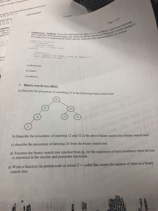 Binary search tree (BST) a) Describe the procedure of | Chegg.com