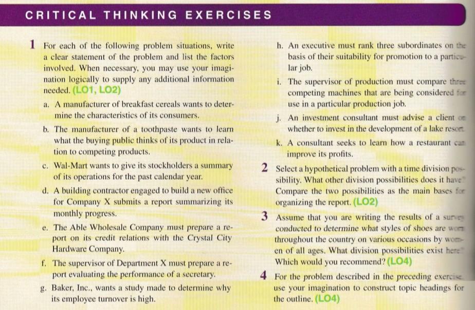 Solved CRITICAL THINKING EXERCISES 1 For each of the | Chegg.com