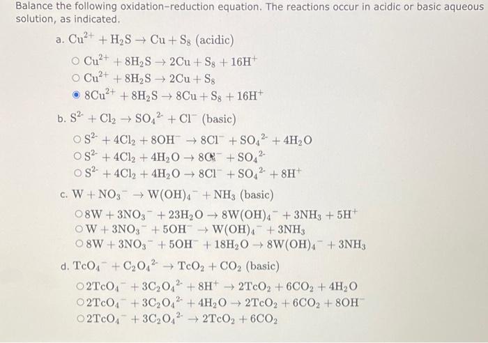 Solved Balance the following oxidation-reduction equation. | Chegg.com