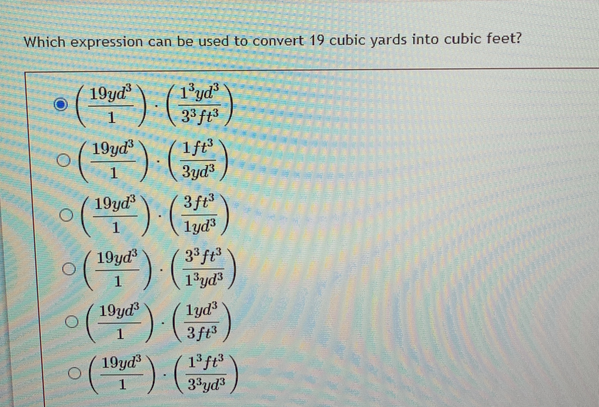 Solved Which expression can be used to convert 19 ﻿cubic