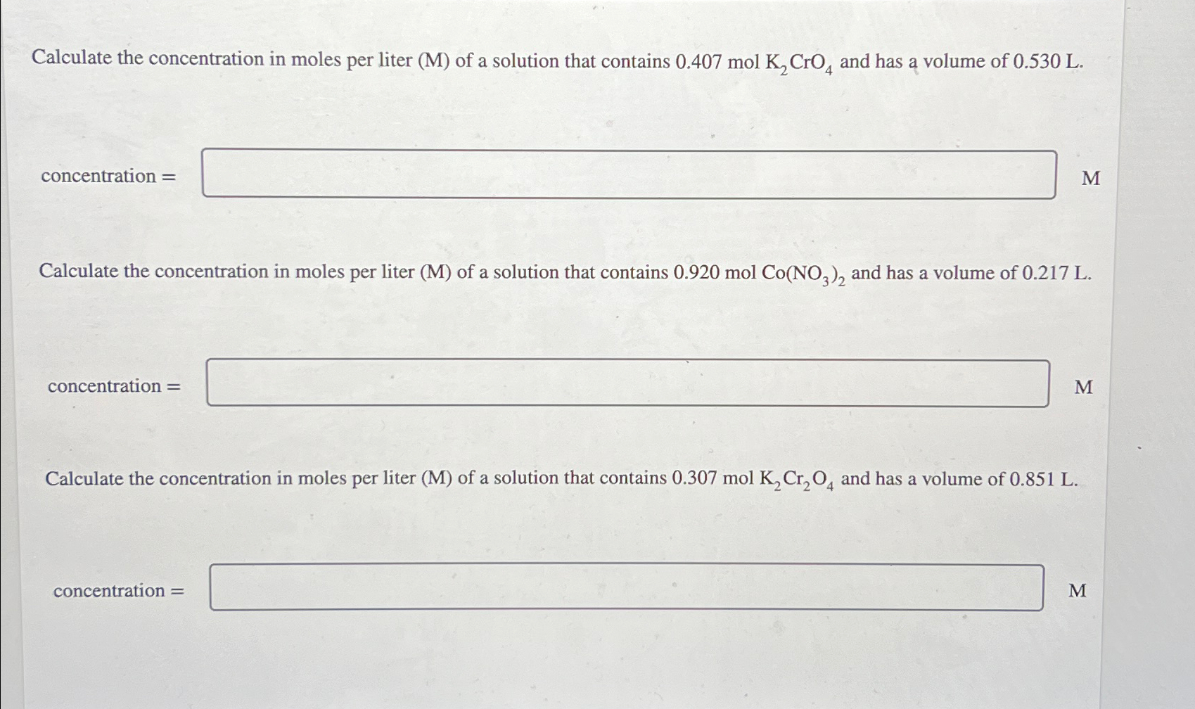 Solved Calculate the concentration in moles per liter (M) | Chegg.com