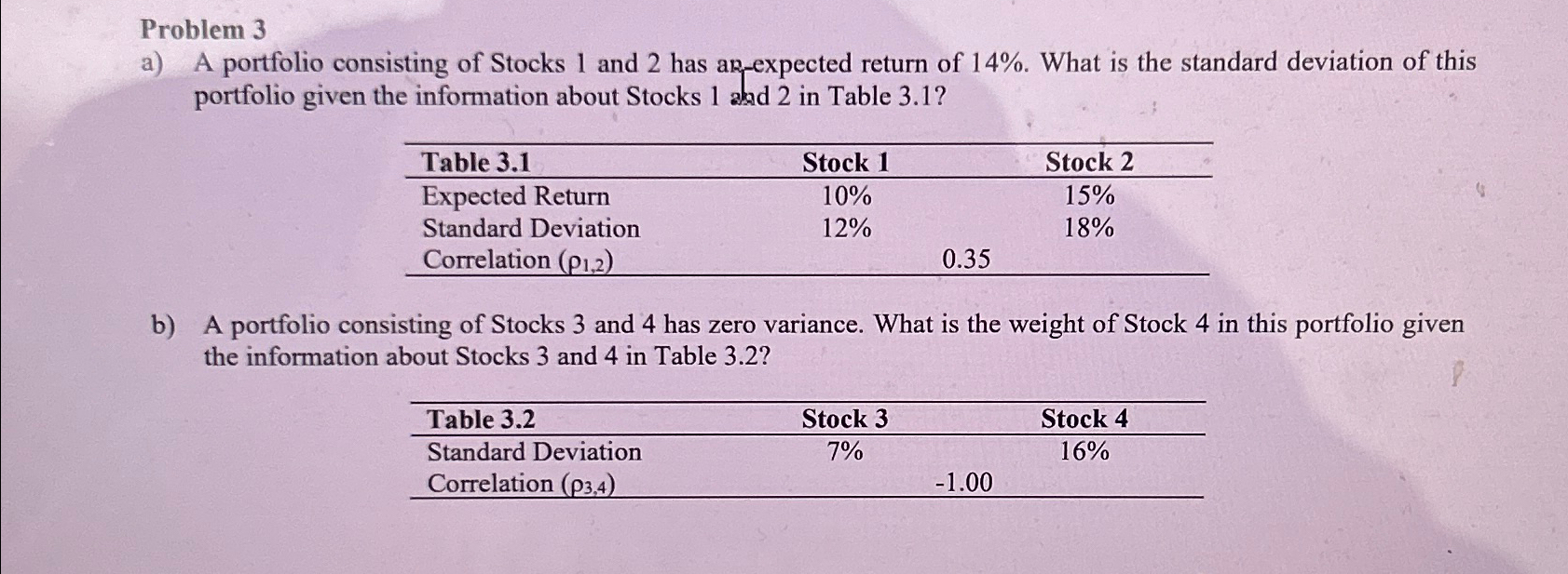 Solved Problem 3a) ﻿A portfolio consisting of Stocks 1 ﻿and | Chegg.com