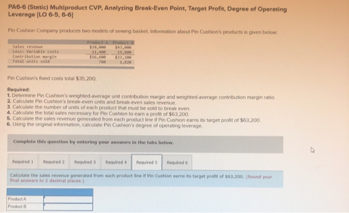 Solved Pa6 6 Static Multiproduct Cvp Analyzing Break Even 7683