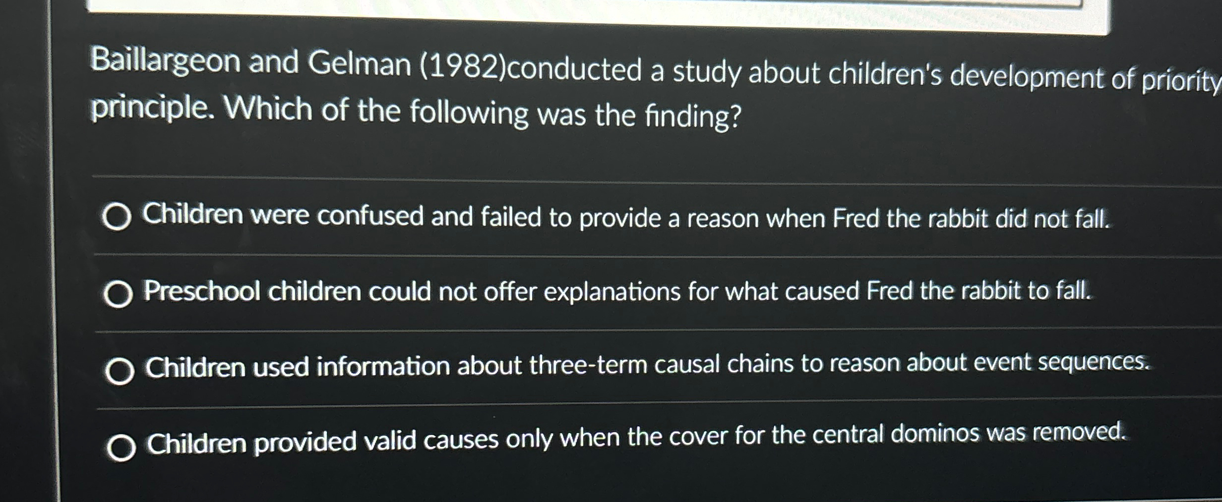Solved Baillargeon and Gelman (1982)conducted a study about | Chegg.com