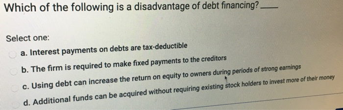 Solved Which Of The Following Is A Disadvantage Of Debt Chegg