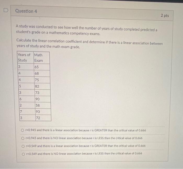 Solved Question 4 2 pts A study was conducted to see how | Chegg.com