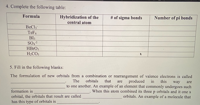 Solved 4 Complete The Following Table Formula Hybridiza Chegg Com