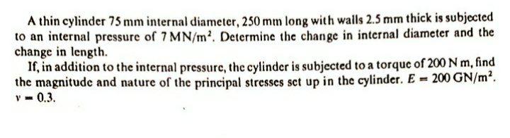Solved A thin cylinder 75 mm internal diameter, 250 mm long | Chegg.com