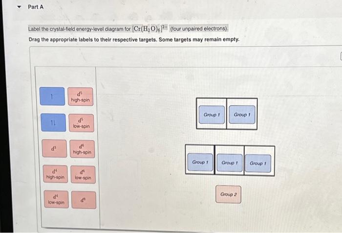 Label the crystal-field energy-level diagram for \( \left[\mathrm{Cr}\left(\mathrm{H}_{2} \mathrm{O}\right)_{6}\right]^{2+} \