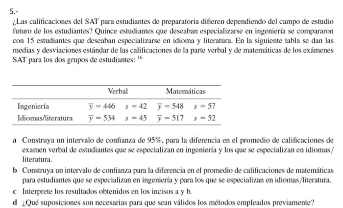 Solved 5.- ¿Las Calificaciones Del SAT Para Estudiantes De | Chegg.com