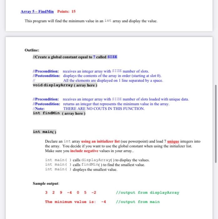 Solved Array 5 - Find Min Points: 15 This program will find | Chegg.com