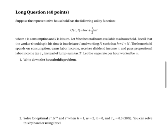 Solved Long Question (40 ﻿points)Suppose the representative | Chegg.com