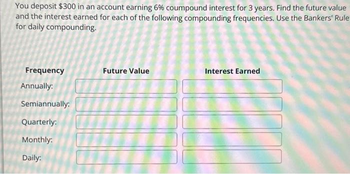 Solved You deposit $300 in an account earning 6% coumpound | Chegg.com