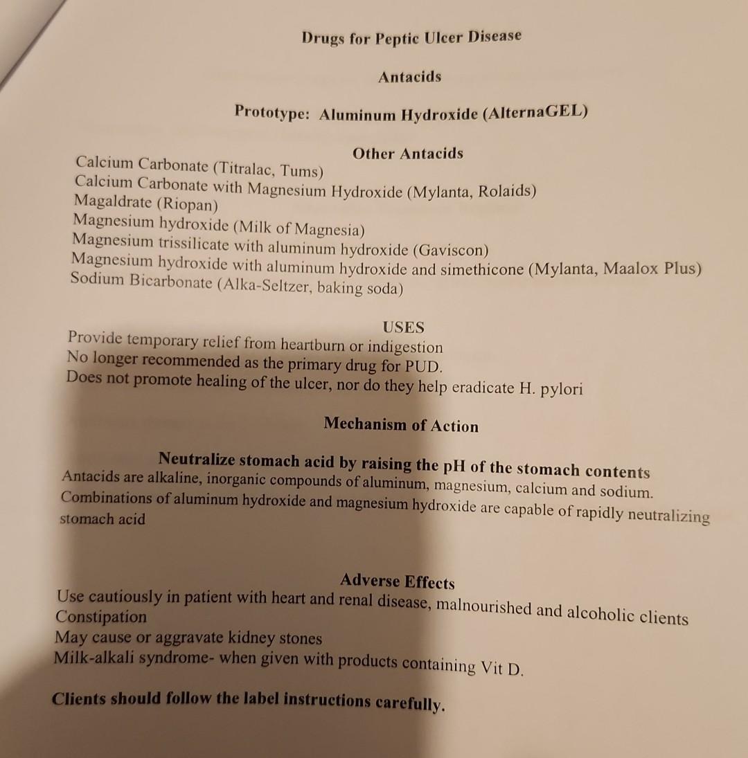 Solved Drugs for Peptic Ulcer Disease Antacids Prototype