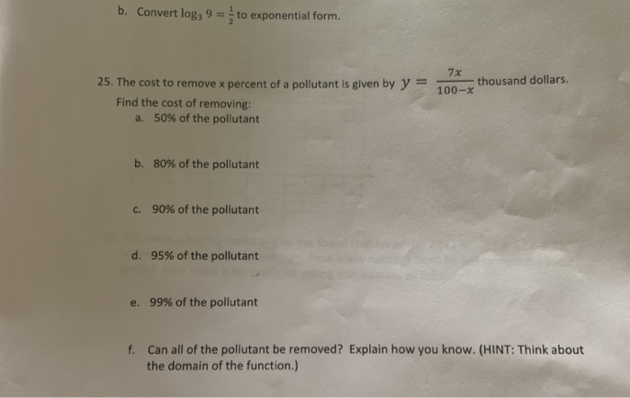 Solved B Convert Log 9 To Exponential Form 7x 100 To Exponential Form 7x 100