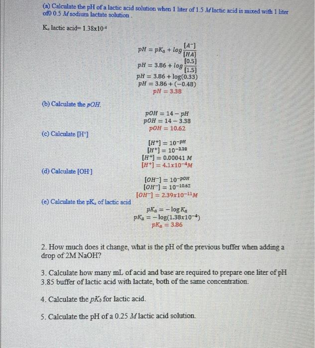 Solved (a) Calculate the pH of a lactic acid solution when 1 | Chegg.com