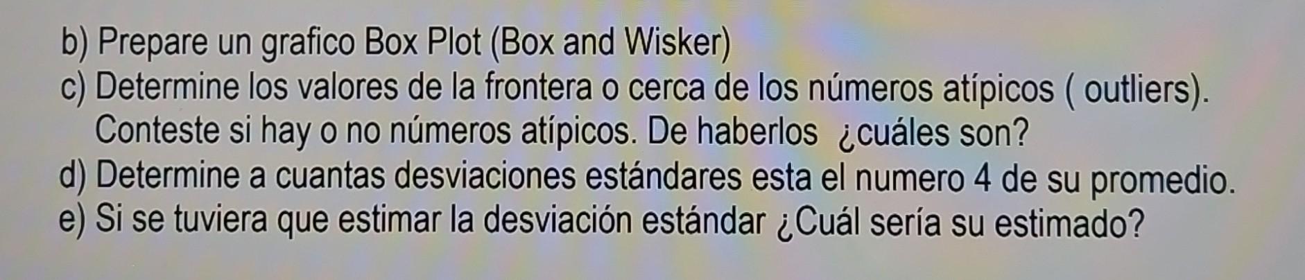 b) Prepare un grafico Box Plot (Box and Wisker) c) Determine los valores de la frontera o cerca de los números atípicos ( out