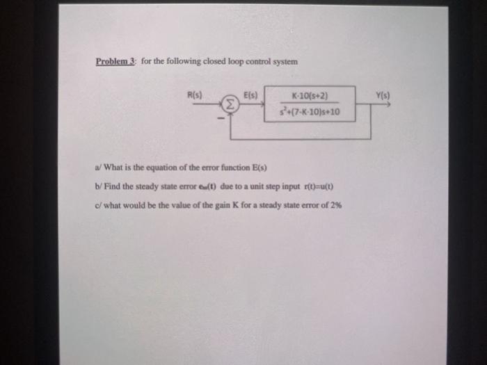 Solved Problem 3. for the following closed loop control | Chegg.com