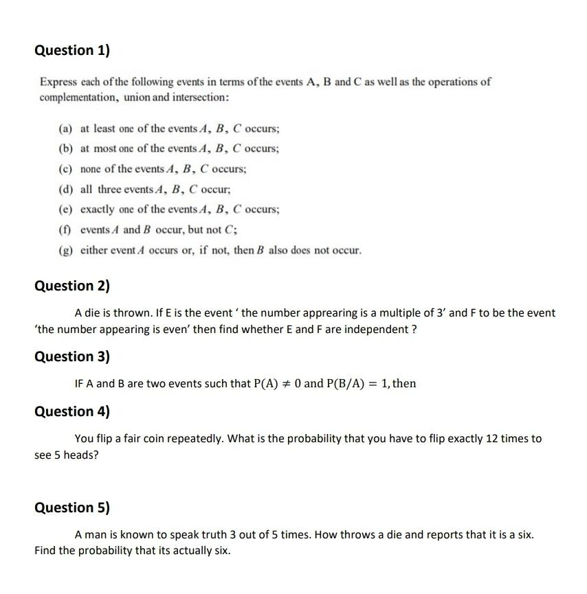 Solved Question 1) Express each of the following events in | Chegg.com
