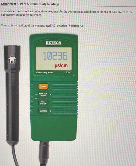 This data set contains the conductivity readings for the concentrated and dilute solutions of \( \mathrm{KCl} \). Refer to th