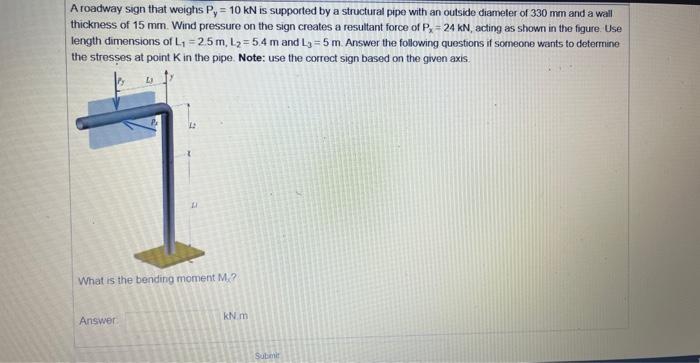 Solved A roadway sign that weighs Py=10kN is supported by a | Chegg.com