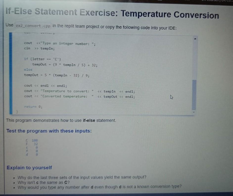 Solved If-Else Statement Exercise: Temperature Conversion | Chegg.com