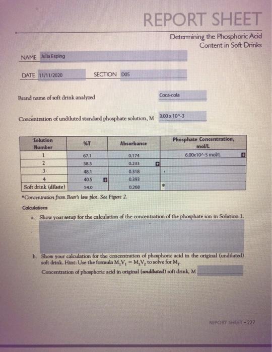 REPORT SHEET Determining the Phosphoric Acid Content