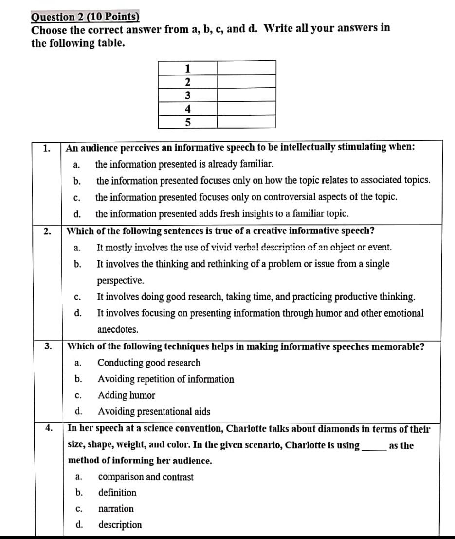 Solved Question 2 (10 Points) Choose the correct answer from | Chegg.com