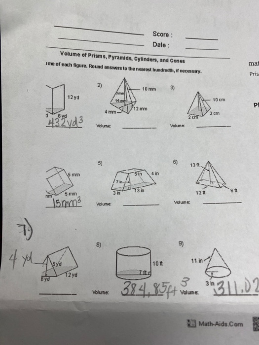 Volume Of Prisms And Cylinders Worksheet Answers 11 2