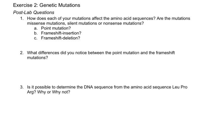 Solved Exercise 2 Genetic Mutations Post Lab Questions 1