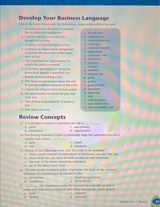 Develop Your Business Language Match the terms listed