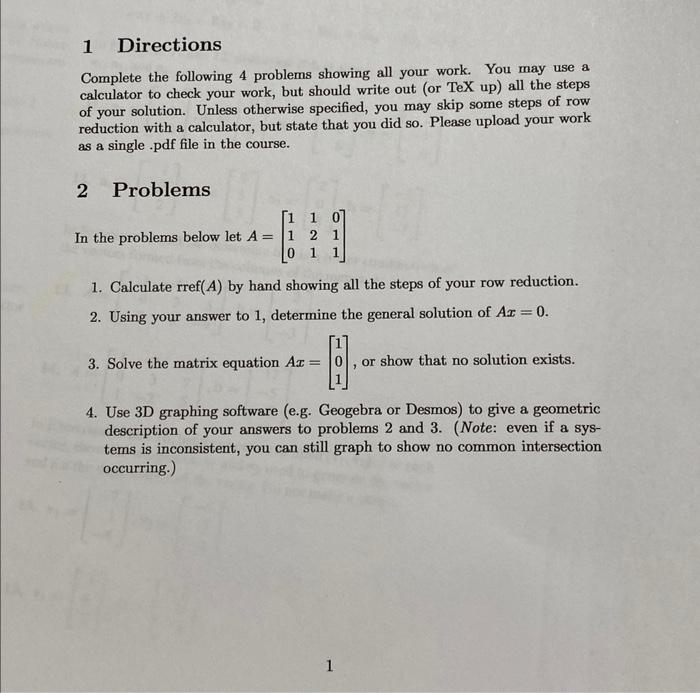 Solved 1 Directions Complete the following 4 problems | Chegg.com