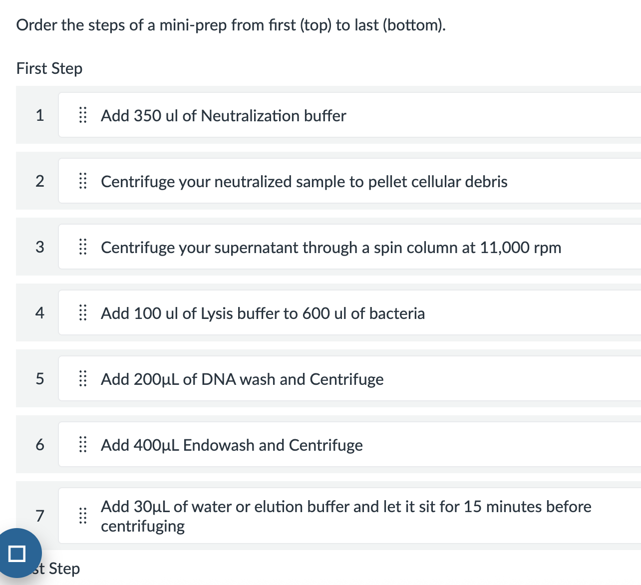 Solved Order the steps of ﻿a mini-prep from first (top) to | Chegg.com