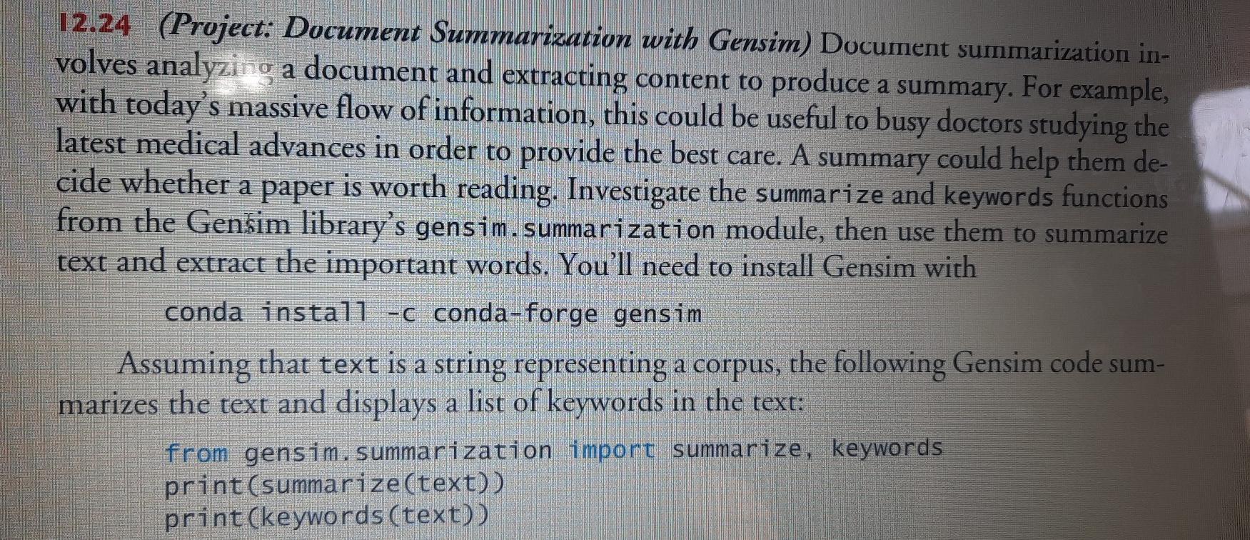 Solved 12.24 (Project: Document Summarization With Gensim) | Chegg.com