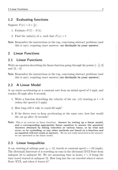 Solved 2 Linear Functions 1.2 Evaluating functions Suppose | Chegg.com
