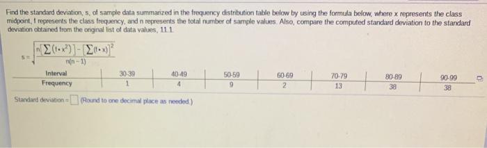 Solved Find the standard deviation, s. of sample data | Chegg.com