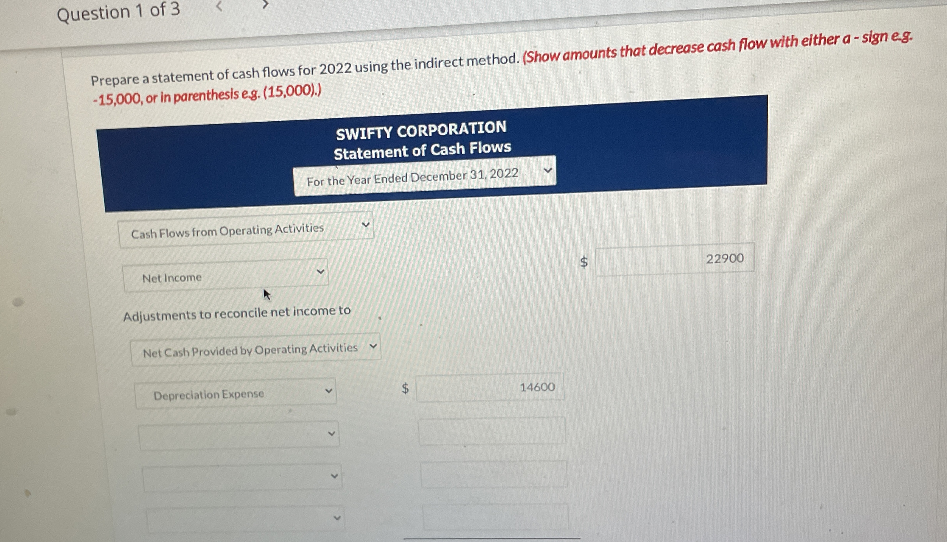 Solved Question 1 ﻿of 3Prepare a statement of cash flows for | Chegg.com