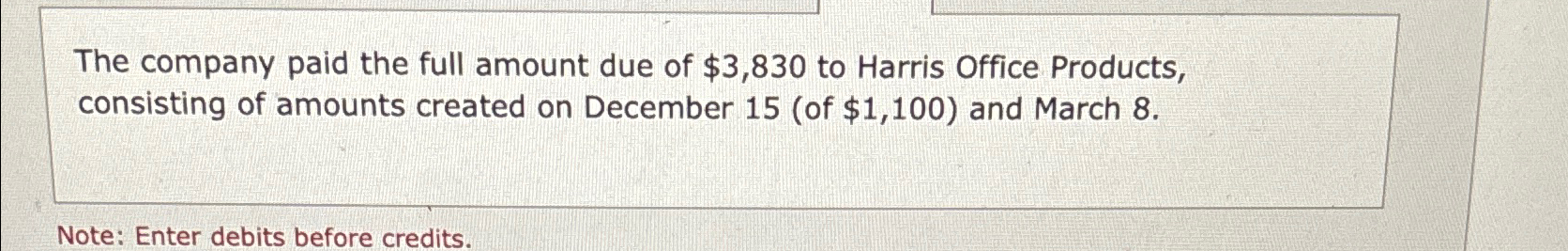 Solved The company paid the full amount due of $3,830 ﻿to | Chegg.com