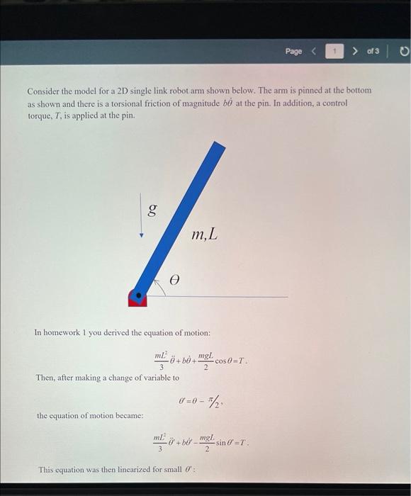 Consider the model for a 2D single link robot arm | Chegg.com