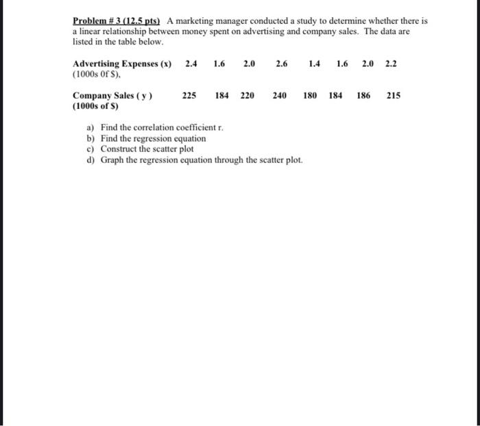Solved Problem # 3 (12.5 pts) A marketing manager conducted | Chegg.com