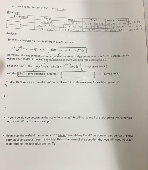 Solved 2. Exact concentration of R-Cl 0.10 Mpar Data Table: | Chegg.com