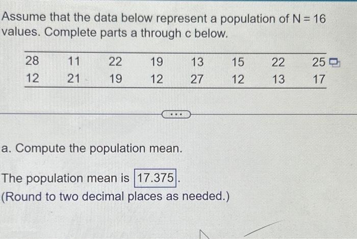 Solved Assume that the data below represent a population of | Chegg.com