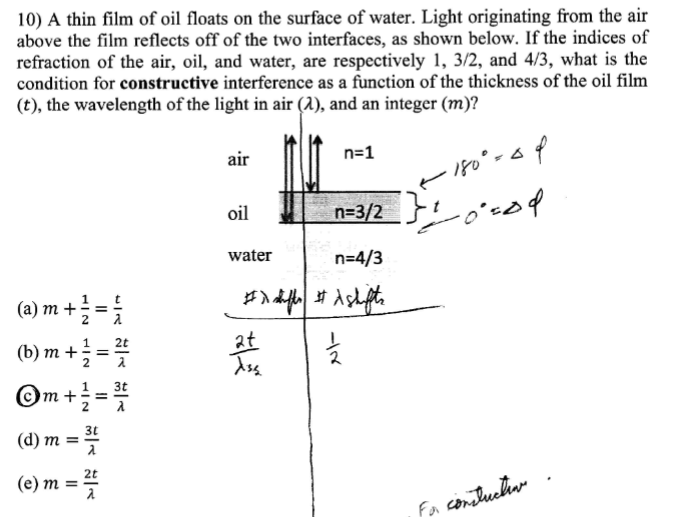 Solved A thin film of ﻿oil floats on ﻿the surface of ﻿water. | Chegg.com